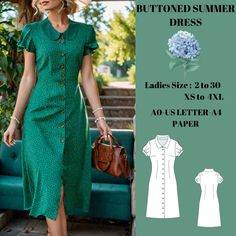 Buttoned summer dresss, summer casual dress. is available as an instant download (pdf) sewing pattern bundle with a range of size options, including plus sizes ♥US Sizes: 2, 4, 6, 8, 10, 12, 14, 16, 18, 20, 22, 24, 26, 28, 30 ♥Standard Sizes: XS, S, M, L, XL, 2XL, 3XL, 4XL ♥These patterns are suitable for A4 and US Letter size papers. ♥Once your payment is processed, you will automatically receive download links for the pattern files. Please note that you can only download the files from a compu Summer Dress Vintage, Summer Casual Dress, Free Pdf Sewing Patterns, Party Attire, Vintage Summer Dresses, Clothes Sewing Patterns, Dress Sewing Pattern, Dress Sewing Patterns, Casual Summer Dresses