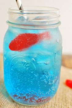 a jar filled with blue liquid and a red fish in it