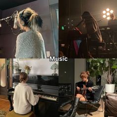 two people sitting in chairs playing musical instruments and one woman standing at a piano while another plays the keyboard