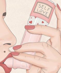 a woman holding a pink bottle with the word self love written on it and her tongue sticking out