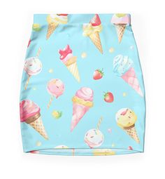 Super stretchy and durable polyester mini skirt. Vibrant, high-quality sublimation print across the front and back. Size range XXS-2XL. a pattern of lollipops and ice cream on a blue background. The lollipops are all different colors, including red, yellow, blue, green, and orange. They are arranged in a random order, but there are no visible seams or gaps between them. The overall effect is a sweet and playful Sweet Fitted Mini Skirt, Sweet Fitted Mini Skirt For Summer, Sweet Fitted Skirt For Summer, Fitted Sweet Skirt For Summer, Cute Fitted Multicolor Mini Skirt, Playful Fitted Mini Skirt, Playful Fitted Mini Skort, Playful Fitted Mini Skirt Skort, Ice Cream Print