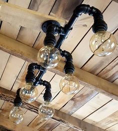 the lights are hanging from the wooden ceiling