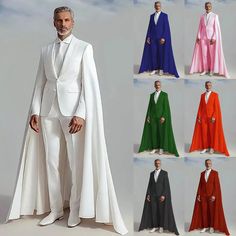 a man wearing a white suit and cape with different colors