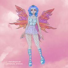 a drawing of a fairy with blue hair and wings