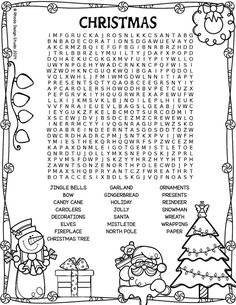 the christmas word search is shown in black and white with santa's helpers