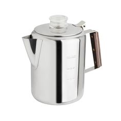 a stainless steel coffee pot with a wooden handle