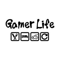 the words game life written in black on a white background, with icons and symbols