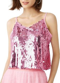 Look your best in this Sparking Sequin Cami Sleeveless Top. The eye-catching sequins bring a unique shimmering look that's sure to turn heads. Show off your personal style with this must-have statement piece. 100% Polyester Imported Pull On closure Hand Wash Only Brand Size Dress Bust Waist Hip XS 0-2 31-32.5'' 23-24'' 31-34" S 4-6 33-35'' 25-26'' 35-37" M 6-12 35-36'' 27-28'' 38-39" L 12-14 38-40'' 29-31'' 40-42" XL 14-16 40-42'' 33.5-36'' 44-46" Embellished V-neck Tank Top For Party, Glamorous Spring Sequin Fabric With Contrast Sequins, Glamorous Contrast Sequin Fabric For Spring, Sparkling Sleeveless Tops For Party Season, Glamorous Summer V-neck Camisole, Glamorous Shimmer Sequin Fabric For Spring, Summer Stretch Sequin Dress With Contrast Sequin, Summer Stretch Sequin Dress, Sparkling Sleeveless Top For Night Out