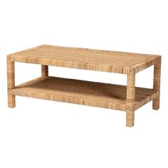 a coffee table made out of wicker with one shelf on the bottom and two shelves below it