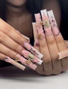 Pink Quince Nails, Guadalupe Nails, Virgencita Nails, Cute Long Nails, Quinceañera Nails, Baddie Acrylic Nails, Mexican Nails, Quince Nails, Latina Baddie