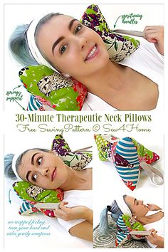 an advertisement for a neck pillow with multiple pictures of the woman's head and neck