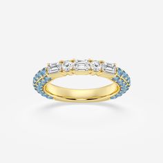 1 7/8 ctw Emerald & Round Lab Grown Diamond Rollover Fashion Band with Fancy Blue Side Stones 14K Yellow Gold FG, VS2+ Pearl And Diamond Earrings, Solitaire Pendant, Pearl Diamond, Eternity Band, Matching Bracelets, Eternity Bands, Bling Bling, Blue Topaz, Lab Grown