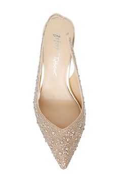 A jewel-encrusted upper creates glamorous allure on a slingback pump framed by a pointy toe and tapered flare heel. 2 1/4" heel Textile and synthetic upper/synthetic lining and sole Imported Gold Wedding Shoes Low Heel, Gold Closed Toe Heels, Art Deco Wedding Shoes, Manolo Heels, Gold Bridal Shoes, Winter Wedding Shoes, Bridesmaid Stuff, Taylor Wedding, Mom Wedding Dress