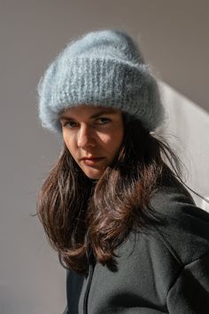 The Brushed Mohair Beanie is a cool twist on the classic winter hat. An ultra-warm beanie that is guaranteed to keep you toasty on the coldest of days while feeling incredibly soft against the skin. This pillowy layer of fluffiness is expertly hand knitted in our signature kid mohair blend and will add an effortless and cozy feeling to any outfit.  Handcrafted in Greece. DETAILS * Super soft, premium quality Italian mohair * 60% kid mohair, 40% microfiber * Seamless design * Hand wash in cold wa Blue Crochet Hat, Mohair Beanie, Brushed Mohair, Chunky Winter Hat, Mohair Hat, Chunky Beanie, Chunky Hat, Winter Knit Hats, Womens Winter