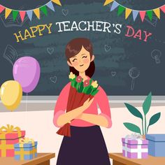 a woman holding flowers in front of a chalkboard with the words happy teacher's day