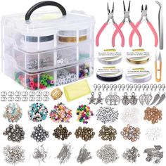 the craft kit contains many different items including scissors, beads, and other crafts supplies