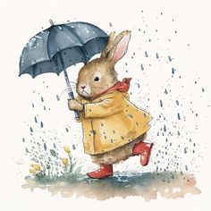 a watercolor painting of a bunny holding an umbrella