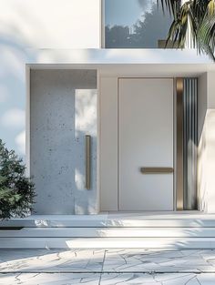 an entrance to a modern home with palm trees in the foreground and concrete steps leading up to it