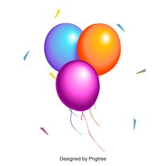 three balloons with streamers and confetti on white background