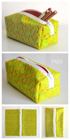 the instructions for how to sew a pencil case with zippers are shown in three different views