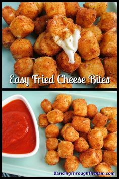 These crunchy and gooey Fried Cheese Bites are the easy answer to your snack and appetizer needsA vegetarian dish anyone can make at the drop of a hat String Cheese Recipes, Fried Cheese Balls, Fried Cheese Bites, Fried Cheese Sticks, Easy Snack Ideas, Deep Fried Recipes, Fried Cheese, Bite Size Snacks, Deep Fried Food