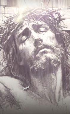 a drawing of jesus with his head in the crown of thorning hair, looking up