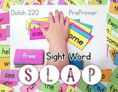 a pile of sight word slap cards with the words free to print on them and in front of it is a child's hand