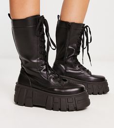 Shoes by ASOS DESIGN Cart-worthy find Lace-up closure Pull tab for easy entry Zip-side closure Round toe Chunky sole Wide fit Nerdy Style, High Lace Up Boots, Platform Combat Boots, Fashion Aesthetics, Black Boots Women, Boot Brands, Chunky Boots, Boots Fall