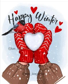 two red mittens holding a white heart in front of the words happy winter on a blue background