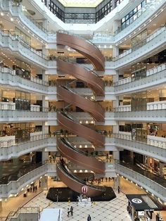 the inside of a large building with multiple floors and spiral staircases in it's center