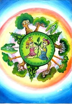 a painting of two people sitting on top of a green tree in the middle of a circle