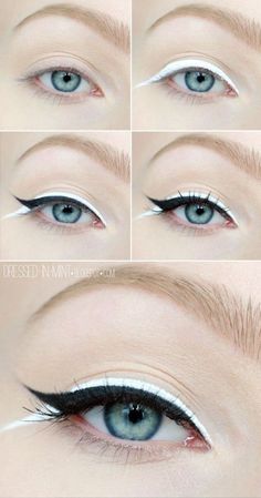 cool-white-eyeliner-look More Fun Eyeliner Looks Hooded Eyes, White Eyeliner Looks, Gray Eyeliner, Eyeliner Tips, Eyeliner Designs, Eyeliner For Beginners, Eyeliner Styles, White Eyeliner