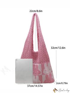 BirdinBag - Womens Hollowed Out Crochet Tote Bag - Cute Rabbit Pattern for Vacation Pink Knitted Bags For Daily Use, Pink Knitted Bag For Daily Use, Casual Pink Crochet Bag For Daily Use, Casual Pink Handheld Hobo Bag, Square Crochet Bag For Errands, Casual Pink Knitted Bag, Casual Pink Hobo Bag For Errands, Spring Rectangular Knitted Bag, Spring Knitted Rectangular Bags