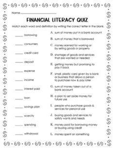 a worksheet for the financial literacy quiz