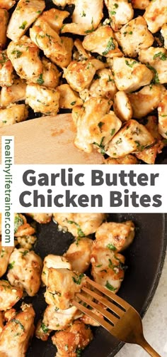 garlic butter chicken bites are being cooked in a skillet with a spatula on the side