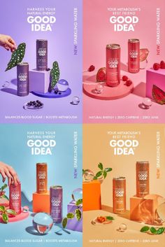 four different ads for the brand good idea, with fruit and vegetables on them in three colors