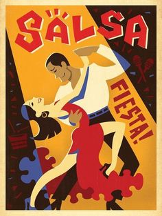 an old poster advertising salsa with a man and woman dancing