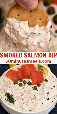 smoked salmon dip in a white bowl with crackers on the side and an orange slice being held up