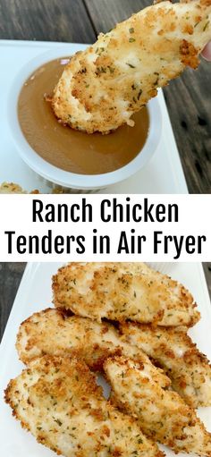 ranch chicken tenders in air fryer recipe on a white plate with dipping sauce