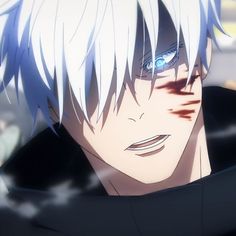 an anime character with white hair and blue eyes looking at something in the distance behind him