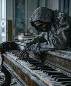 a creepy skeleton sitting on top of an old piano with its hands over the keys