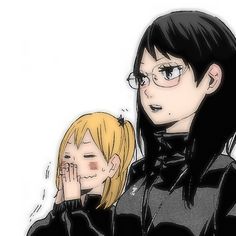 two anime characters one with glasses and the other with blonde hair, both wearing black