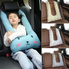 the child is sleeping in the car with his head resting on the pillow and it's back facing the camera