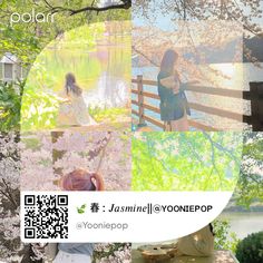 two women sitting on a bench in front of a tree with pink flowers and the words summer @ yonepop