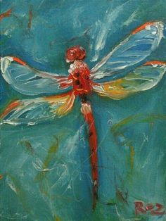 a painting of a red dragonfly sitting on top of a blue surface with water