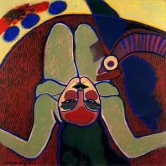 an abstract painting of a woman holding her head in her hands with circles around her