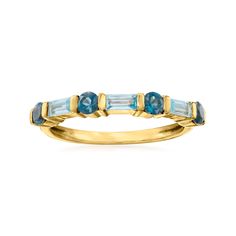 Ross-Simons - .70ct t. w. Baguette, Round Tonal Blue Topaz Ring in 14kt Yellow Gold. Size 5. Beaming refreshing tonal blue hues, .70 ct. t. w. round and baguette London and sky blue topaz gems, respectively, alternate in a polished 14kt yellow gold setting. You'll love stacking this chic ring with your other favorites. 1/8" wide. Tonal blue topaz ring. Blue Topaz birthstones are the perfect gift for December birthdays. Aquamarine And Blue Topaz Ring, Birthstone Ring Stack, Aquamarine Wedding Band, Aquamarine Wedding, Topaz Birthstone, Blue Topaz Engagement Ring, Chic Rings, Birthstone Rings, Precious Rings