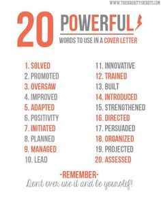 an orange and white poster with the words 20 powerful words to use in a cover letter