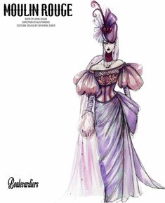 a drawing of a woman wearing a purple dress and headpiece with feathers on it