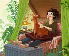 a woman sitting on a bed with a dog in her lap next to green curtains